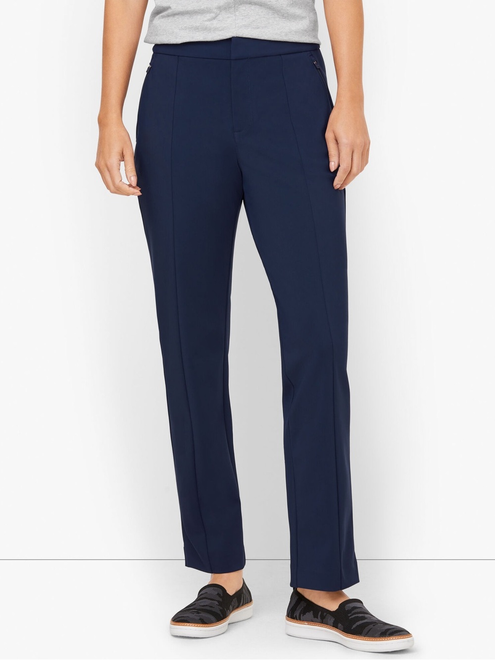 NEW T By Talbots Luxe Comfort Straight Leg Travel Pants Ankle Zipper Navy Medium